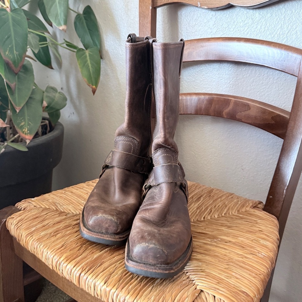 Frye Harness 12R Brown Leather Biker Boots Women 8 N Square Toe Made in USA - Picture 2 of 4